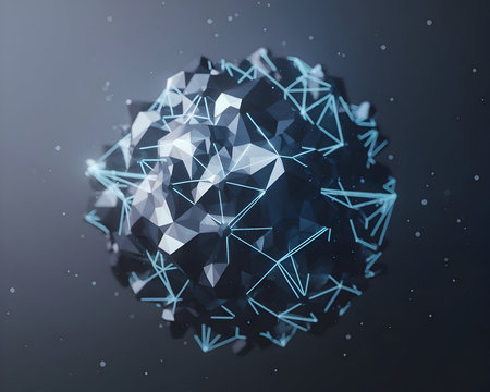 Abstract geometric polygonal sphere with glowing blue connected lines representing data network technology innovation global connection conceptの素材