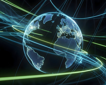 Global network technology with digital earth globe showing illuminated cities, abstract light trails symbolizing data communication.の素材