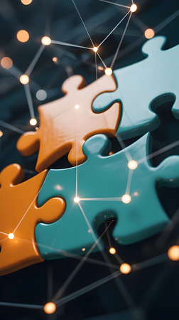 Connected puzzle pieces illustrating collaboration, teamwork, problem-solving, and a global network of innovative ideas and solutionsの素材