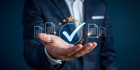 Business professional showing digital quality assurance, compliance, and verification with glowing checkmark, stars, and document icons on palm.の素材