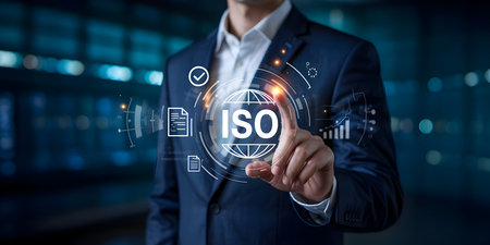 Businessman interacting with a virtual screen displaying iso standard certification hologram for global quality management system compliance.の素材