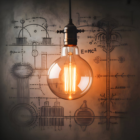 Illuminated vintage edison light bulb against a background of intricate scientific blueprints and e=mcÂ² formula, symbolizing innovation and ideas.の素材