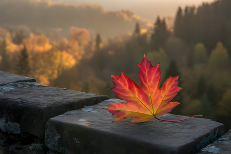 Vibrant red and orange maple leaf resting on a damp stone wall, with a misty, colorful autumn forest view in the background at sunriseの素材