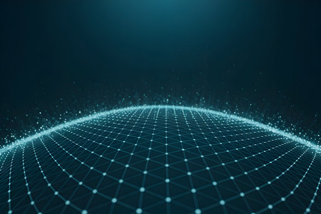 Futuristic digital network grid forming a curving horizon, glowing with data nodes, symbolizing global connection, big data, and innovative technology.の素材