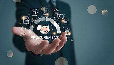 Hand holding virtual screen with "procurement" text, handshake, and document icons. digital supply chain management and strategic sourcing concept.の素材