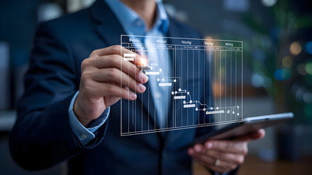 Businessman in suit managing project data on an interactive holographic gantt chart. digital interface for timeline planning and business analytics.の素材