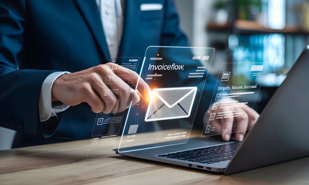 Professional interacts with virtual email and invoice flow on laptop, showcasing modern digital communication and business workflow management.の素材