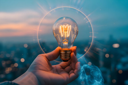 Hand holding glowing light bulb with futuristic digital circle over blurred urban landscape at sunset, symbolizing innovation, future technology, and new creative idea generation conceptの素材