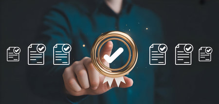 Quality assurance and compliance concept with a person's hand touching a golden checkmark badge, surrounded by approved document icons.の素材