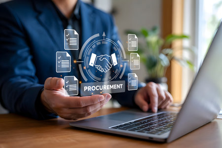 Businessman manages digital procurement process with handshake icon and document checklist. concept of supply chain, contract, and vendor agreement.の素材