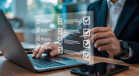 Businessman completing digital checklist on virtual screen, managing tasks, achieving goals, and ensuring project success with innovative technology.の素材