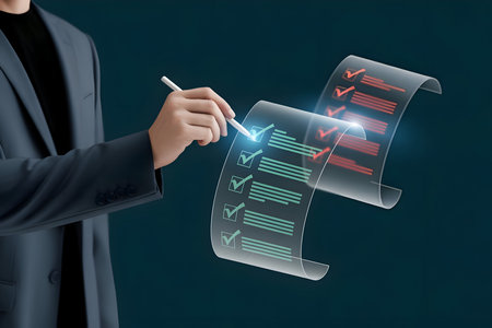 Man completes a futuristic digital checklist with stylus, demonstrating modern task management, project planning and efficiency.の素材