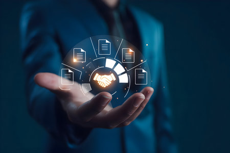 Digital contract management and legal document organization system displayed on a businessman's hand, symbolizing secure online agreement workflowの素材