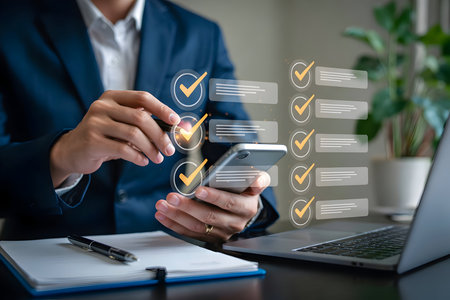 Businessman using a smartphone with a digital checklist interface, illustrating efficient task management, goal achievement, and smart productivity toolsの素材