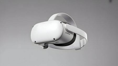 Cutting-edge white virtual reality headset for immersive gaming, metaverse exploration, and interactive digital experiences, isolated.の素材