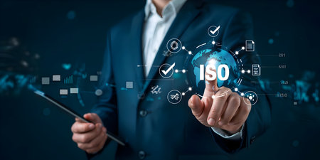 Businessman engages virtual iso certification network on a global digital interface, symbolizing quality management, compliance, and international standards achievement.の素材