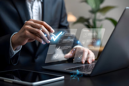 Businessman interacts with a futuristic digital screen, managing tasks and achieving goals with virtual checklist in a modern office environment.の素材