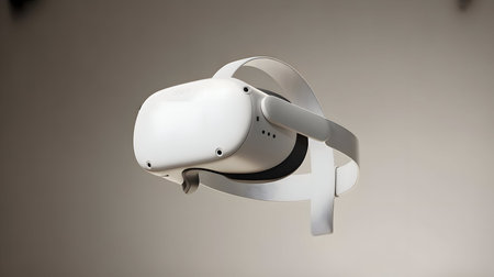 Modern white virtual reality headset floating against a light studio backdrop, representing immersive digital experiences and futuristic technology.の素材