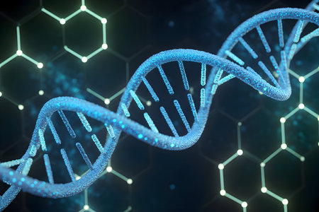 Dna double helix structure illuminated against a molecular background, representing genetic research, biotechnology, and healthcare advancementsの素材