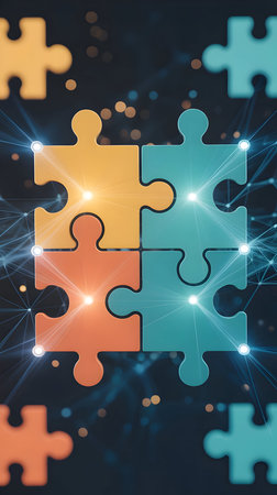 Connected jigsaw puzzle pieces with glowing network lines, symbolizing collaboration, problem-solving, and unity in a technological context.の素材