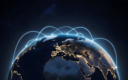 Global network connection over illuminated earth showing europe and africa at night, concept of technology, communication and internetの素材