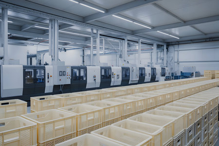 Automated industrial factory floor with modern cnc production machinery and rows of plastic storage crates, illustrating future.の素材