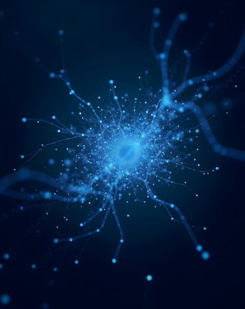 Digital neural network, glowing blue abstract structure with interconnected data points and light trails, representing artificial intelligence.の素材
