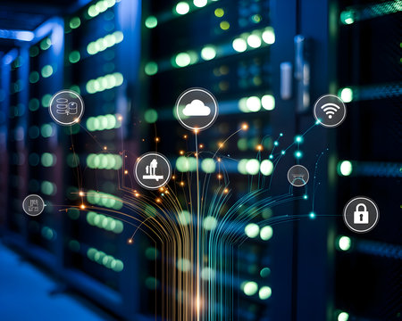 Data center with glowing server racks and digital overlay of interconnected cloud computing, networking, database, and security iconsの素材