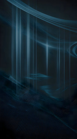 Abstract digital light streams and data waves with illuminated vertical lines against a dynamic technological grid backgroundの素材