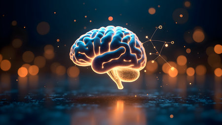 Glowing digital brain with intricate neural network connections and abstract bokeh lights, symbolizing ai, thought, and cognitive processの素材