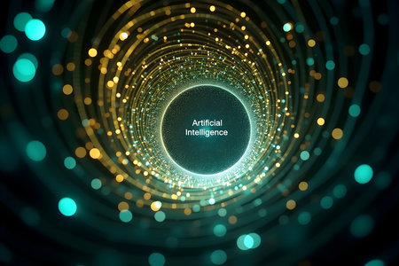 Abstract glowing digital data tunnel with 'artificial intelligence' text, representing modern technology, ai, and big data concepts.の素材