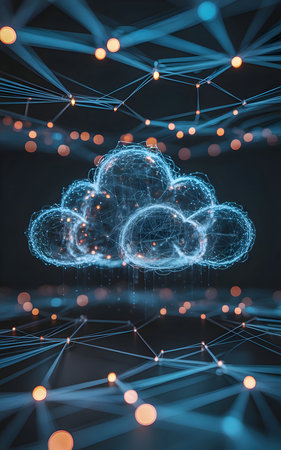Abstract digital cloud computing network with glowing data connections and interconnected nodes representing global data storage and sharing technologyの素材