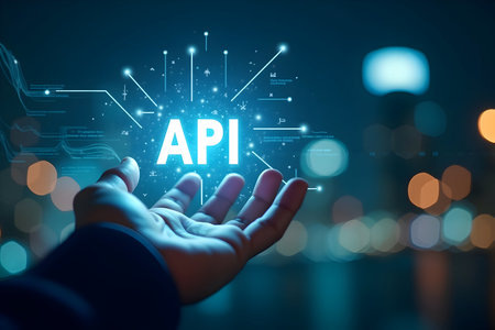 Application programming interface (api) concept with a human hand presenting glowing digital data connection on a dynamic, blurred background.の素材
