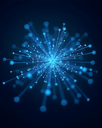 Abstract blue light particle explosion radiating energy and data in a digital network. concept of technology, connectivity, big data, and communication burst.の素材