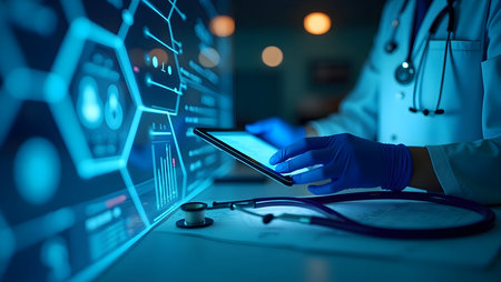 Doctor using tablet and futuristic display for medical data analysis, research, and modern healthcare technology innovation.の素材