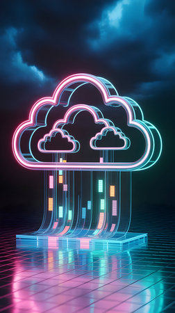 Glowing neon cloud symbol illustrating data transfer, cloud computing, and digital information flow over a futuristic grid.の素材