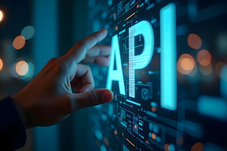 Hand interacts with glowing api text on digital interface, symbolizing seamless software integration, data exchange, and modern tech developmentの素材