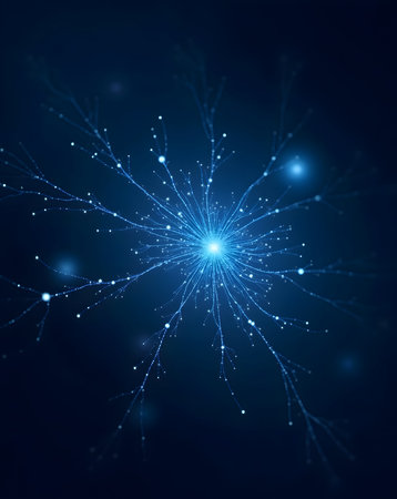 Abstract glowing blue particles form a neural network, symbolizing artificial intelligence, big data flow, and advanced technology.の素材