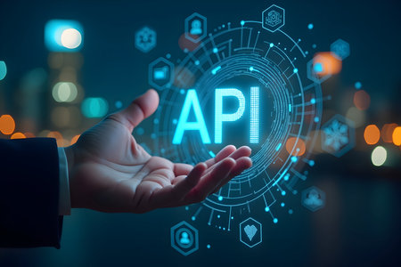 Hand presenting glowing api text with network interface, connecting digital services and data on a futuristic city background.の素材