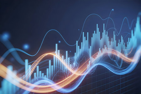 Dynamic digital financial data analysis showing stock market growth with vibrant bar charts and flowing line graphs on a gridの素材