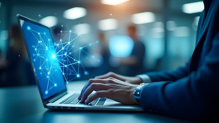 Professional hands on laptop. glowing blue network visualization. data, technology, global connectivity, innovation in modern office.の素材