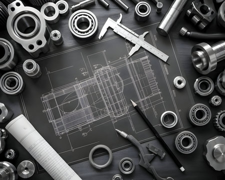 Engineering blueprint with precision metal machinery components and measurement tools for industrial design, development and manufacturing process.の素材