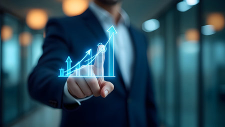 Businessman points at glowing holographic bar graph with upward trend and target, symbolizing growth, success, and data analysis in a modern office environment.の素材