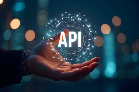 Hand holding glowing api (application programming interface) icon, symbolizing digital connectivity, software development, and data integration solution.の素材