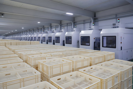 Modern factory interior with long rows of precision automated machinery and stacked empty beige plastic crates for productionの素材