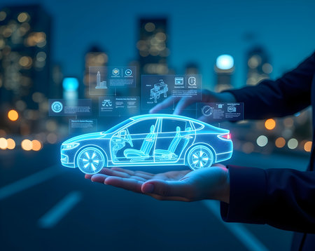 Holographic car blueprint with data interfaces in hand, glowing city night. future automotive innovation, smart mobility, digital engineering.の素材