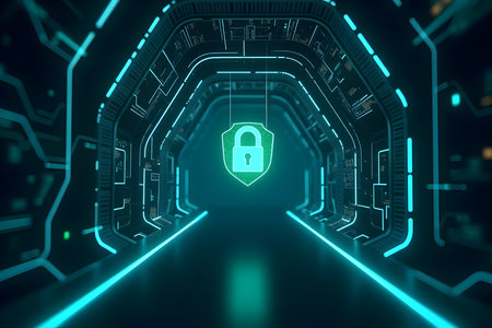 Cybersecurity lock icon in a secure digital data tunnel, representing internet network protection and encrypted data privacy.の素材