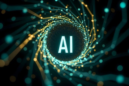 Artificial intelligence concept with glowing data streams forming a swirling vortex around the ai acronym, representing advanced computing and technology.の素材