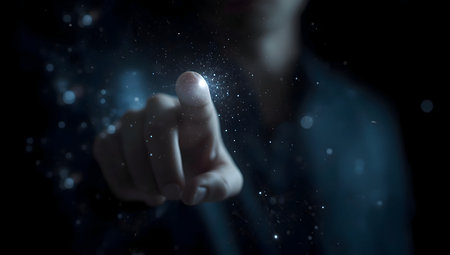 Human finger interacting with glowing digital particles, symbolizing innovation, futuristic technology, data connection, and abstract interface concept on a transparent background.の素材