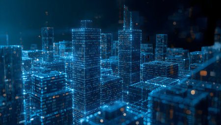 Blue glowing futuristic smart city with digital data connections and network lines representing advanced urban technology and global ai infrastructure.の素材